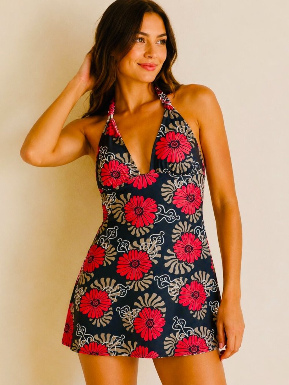 La Vie en Rose Halter Swim Dress Cover-Up Floral Black Red White Women’s Medium